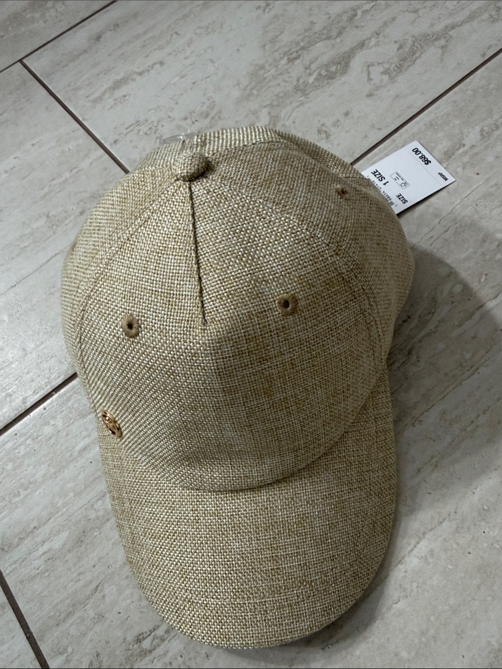 Michael Kors Natural Woven Baseball Cap with Gold Accent